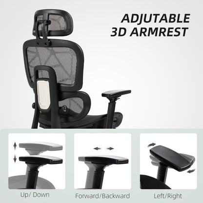 Mesh Office Chair with 3D Armrest, High Back Desk Chair with Lumbar Support, 135° Reclining, Adjustable Headrest, Black