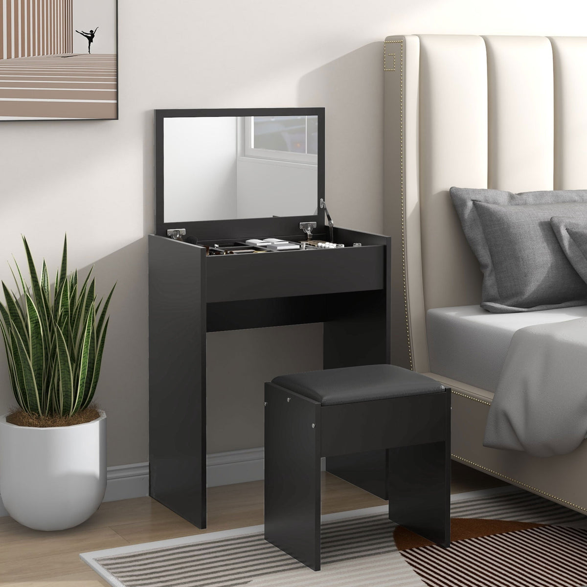 Modern Vanity Set with Makeup Table and Cushioned Stool, Dressing Table with Flip Top and Mirror for Bedroom, White