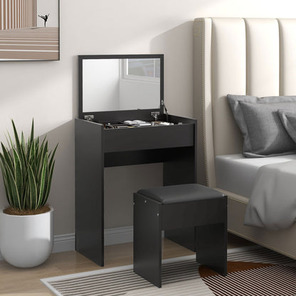 Modern Vanity Set with Makeup Table and Cushioned Stool, Dressing Table with Flip Top and Mirror for Bedroom, White