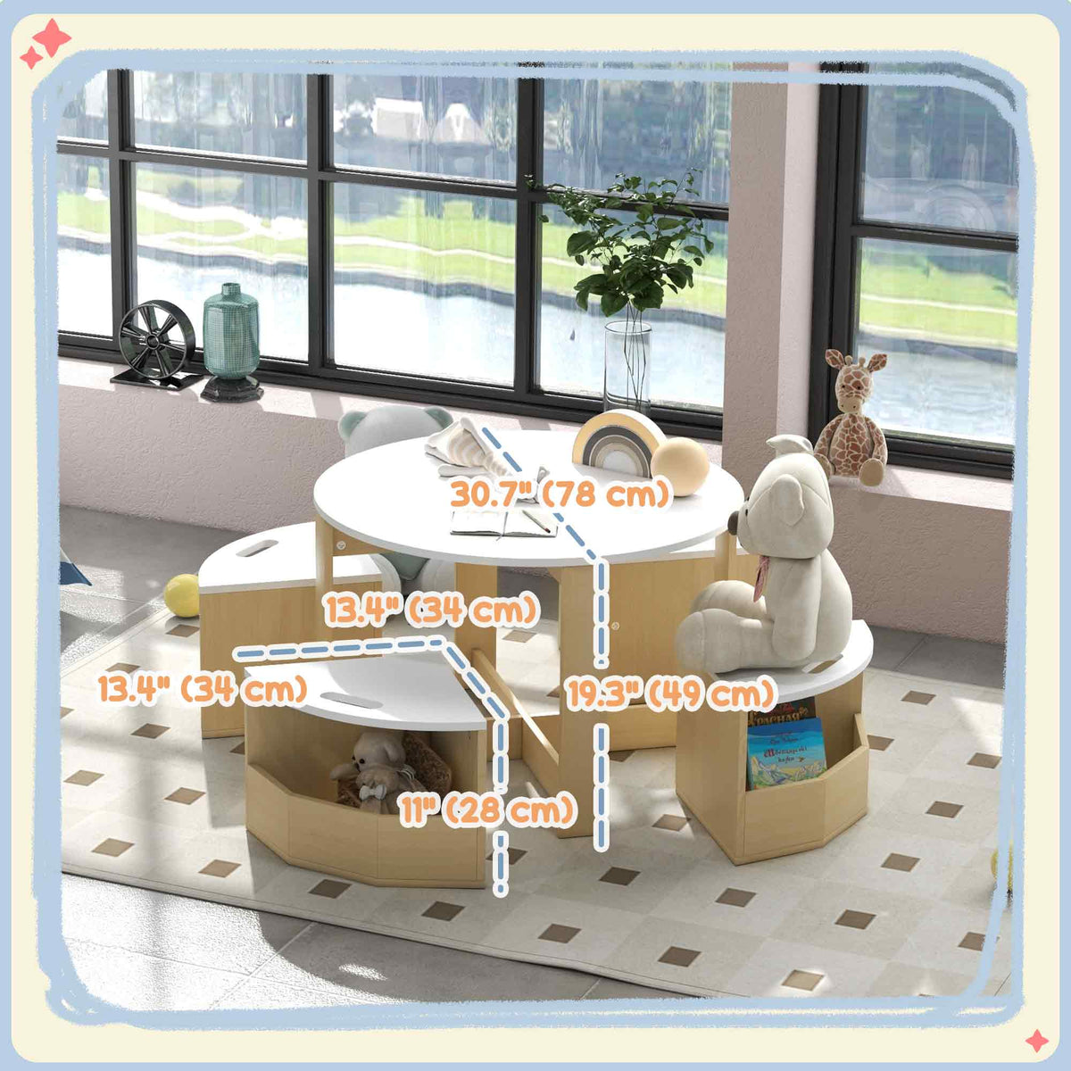5 Piece Kids Table and Chair Set with Storage for Kids Room, Grey