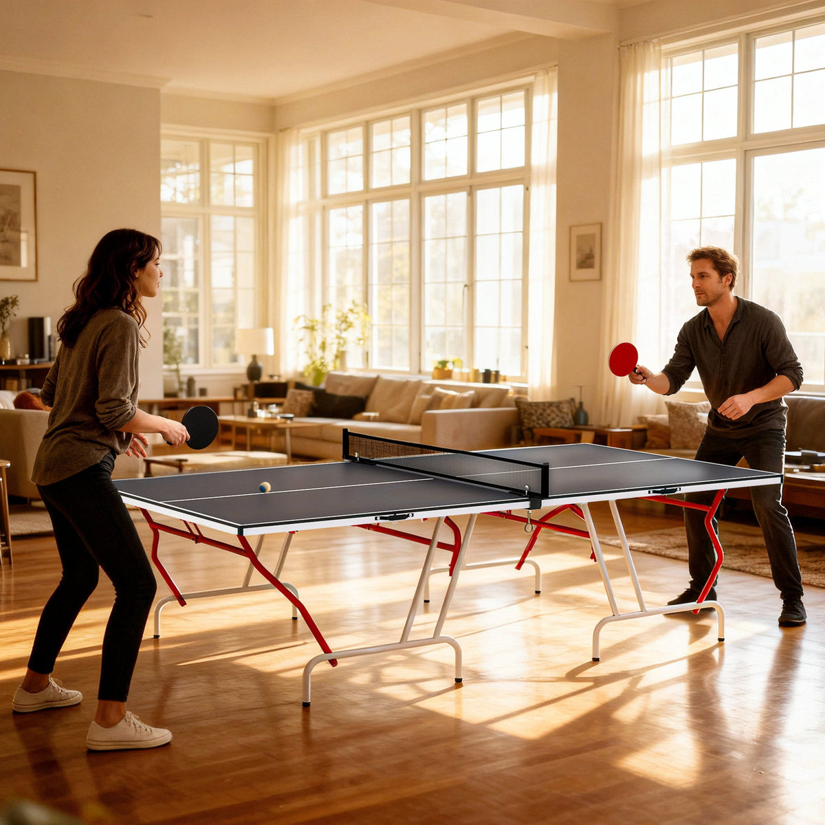 9' x 5' Full Size Table Tennis Table, Folding Ping Pong Table with Paddles and Balls, Dark Grey