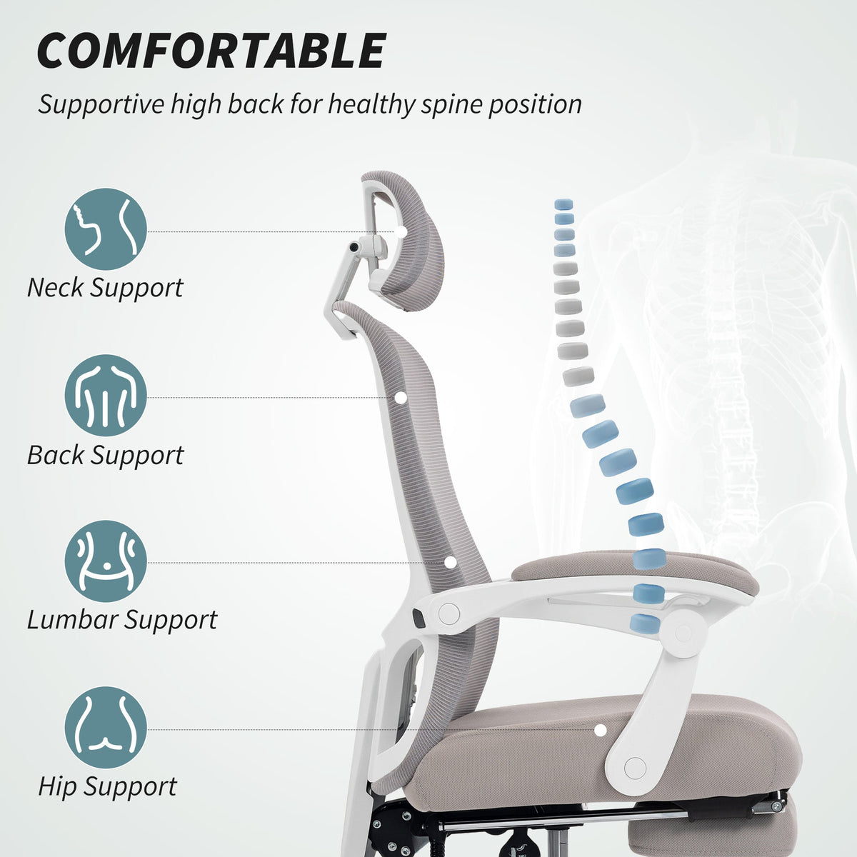 Ergonomic Office Chair, Mesh Reclining Desk Chair with Adjustable Lumbar Support, Headrest, Beige