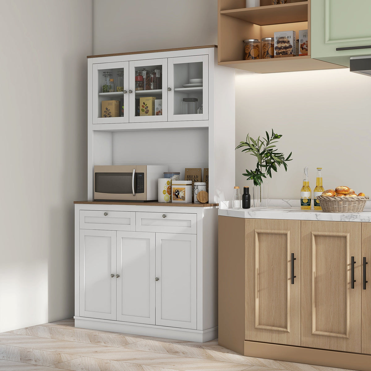 71" Pantry Cabinet with Microwave Space, Buffet with Hutch, 2 Drawers, Adjustable Shelves and Glass Doors, Blue