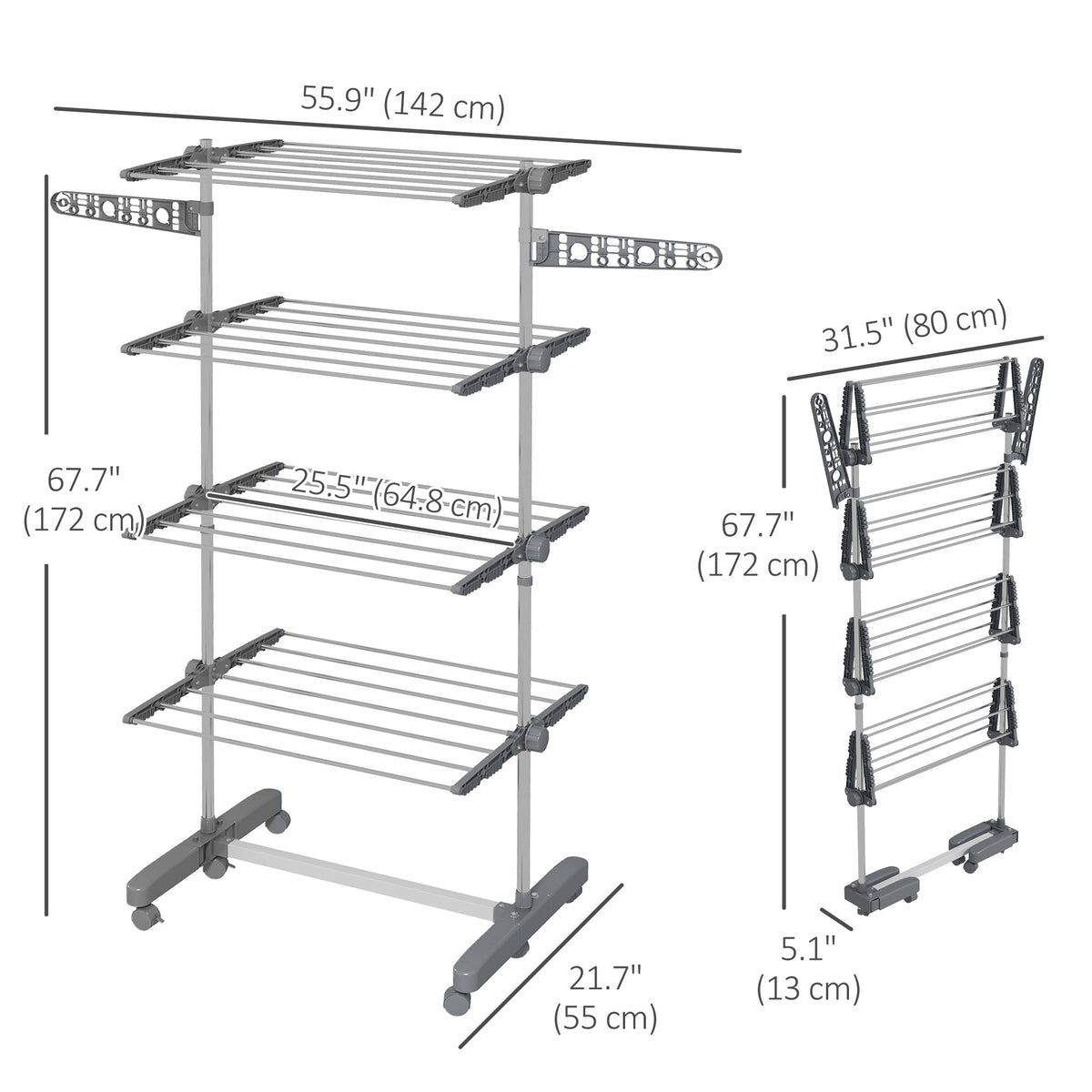 Garment Drying Rack Stainless Steel Folding Clothes Hanging Rack with Side Wings Castors for Indoor Outdoor Black