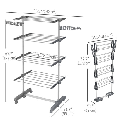 Garment Drying Rack Stainless Steel Folding Clothes Hanging Rack with Side Wings Castors for Indoor Outdoor Black