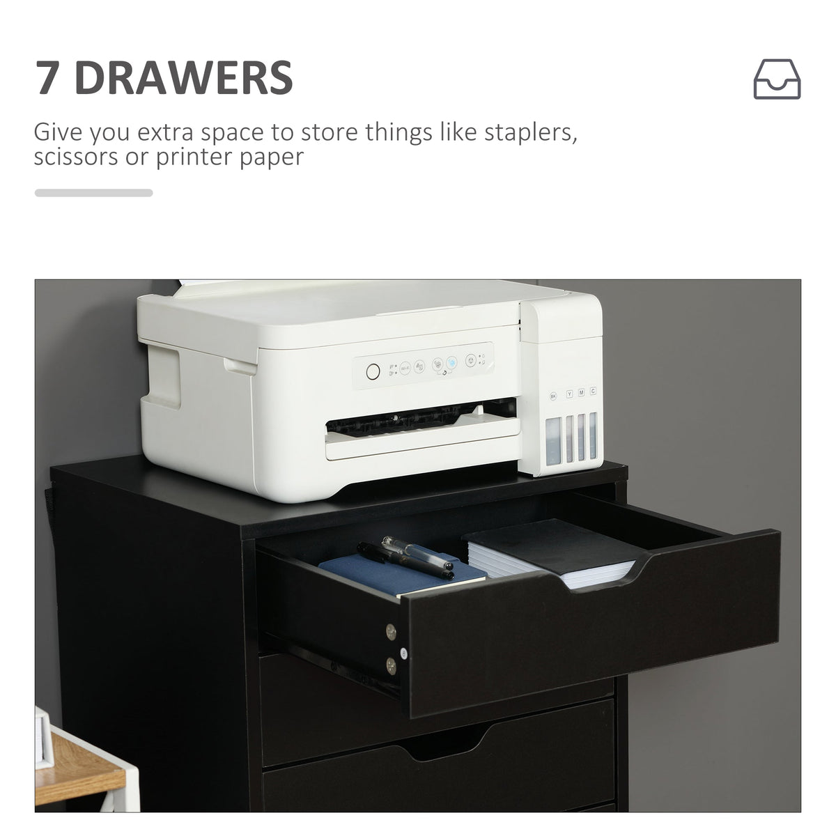 7-drawer Vertical File Cabinet for Home Office, Storage Cabinet with Wheels, 18.7"x15.6"x35.4", Black
