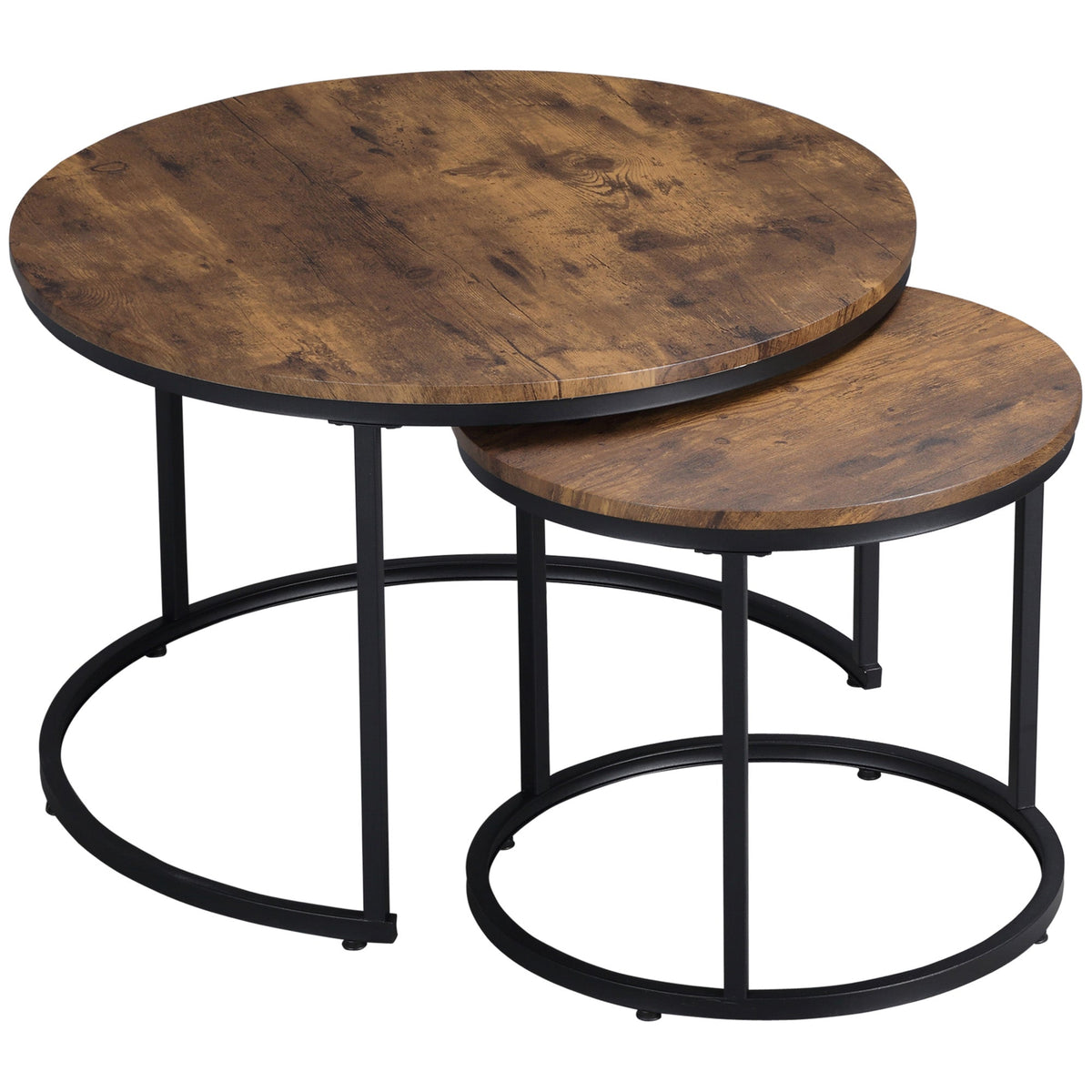 Nesting Tables, 29" Round Coffee Table Set of 2, Modern Side Tables for Living Room with Metal Base, Rustic Brown