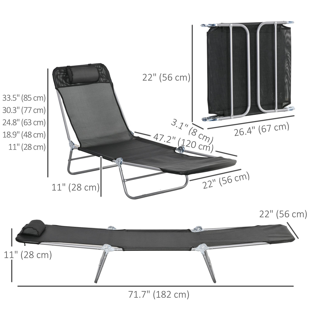 Folding Outdoor Lounge Chair Set of 2, Reclining Tanning Chair with 5-Position Adjustable Backrest, Black
