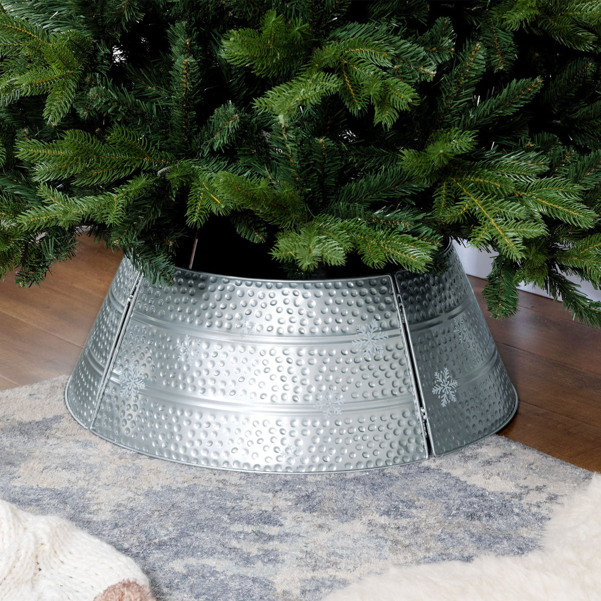 26" Christmas Tree Base Cover, Christmas Tree Collar with Hollow Snowflake Pattern for Holiday, Party, Silver
