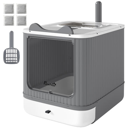 Litter Box with Lid, Enclosed Kitty Litter Box with Front-Entry, Top-Exit, Scoop, Deodorizer Bag for Medium Cats, White
