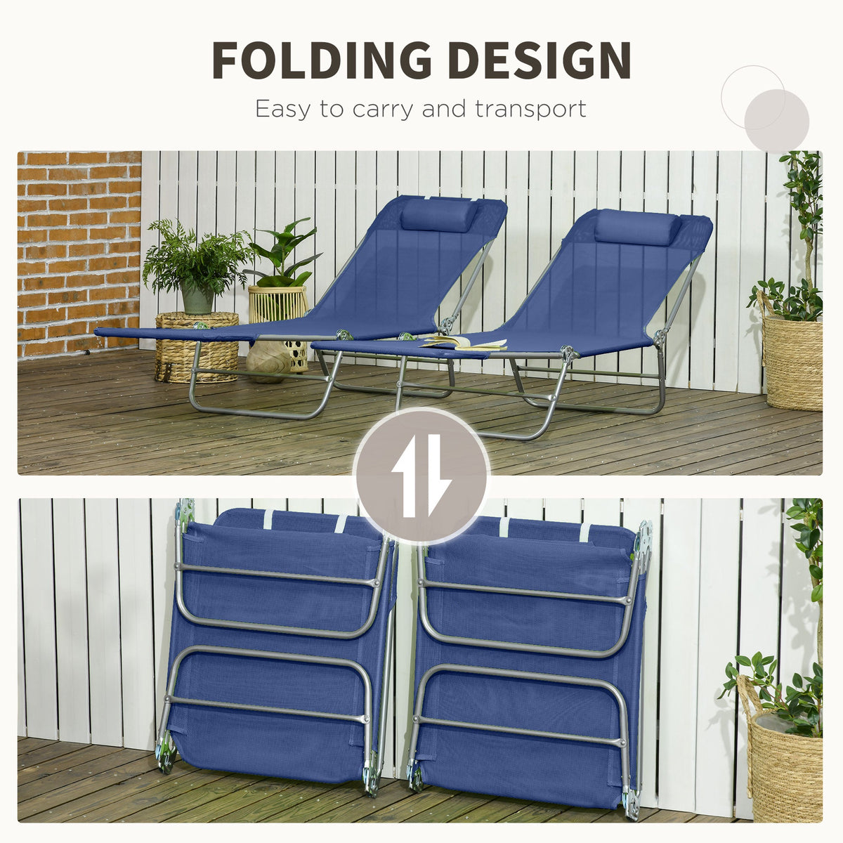Set of 2 Folding Chaise Lounge Chairs, Outdoor Poolside Sun Tanning Chairs w/ Pillow, Reclining Backrest, Blue