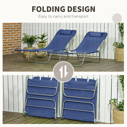 Set of 2 Folding Chaise Lounge Chairs, Outdoor Poolside Sun Tanning Chairs w/ Pillow, Reclining Backrest, Blue