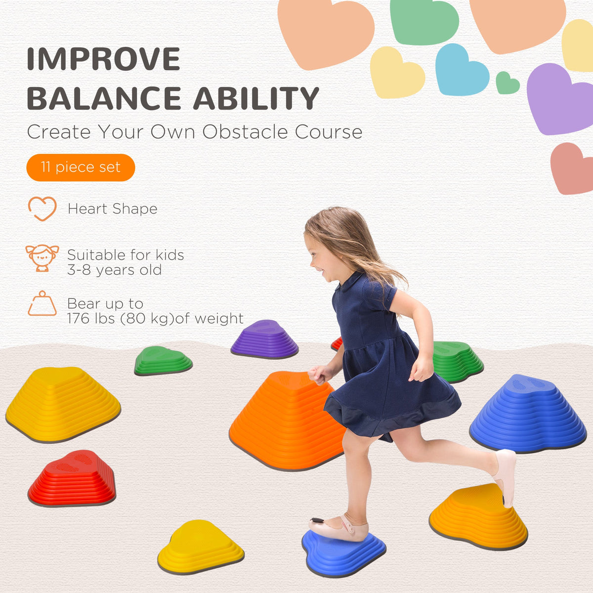 6PCs Non-Slip Stackable Kids Stepping Stones, Heart-Shaped