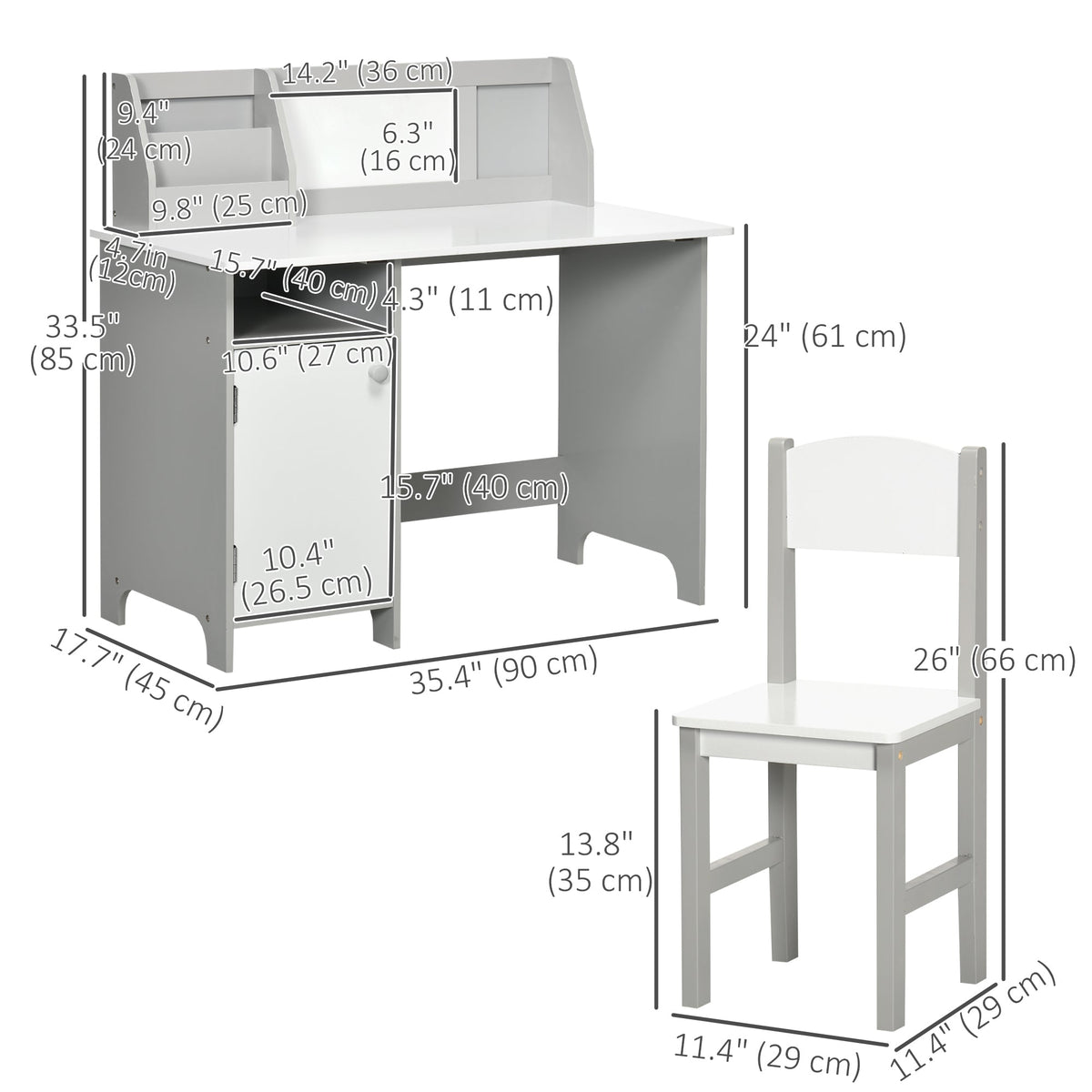 2Pcs Kids Desk and Chair Set with Whiteboard, Storage, Shelves, Grey