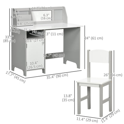 2Pcs Kids Desk and Chair Set with Whiteboard, Storage, Shelves, Grey