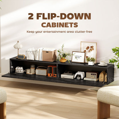 71" Floating TV Stand for TVs up to 72 Inch, Wall Mount Media Console with 2 Fluted Flip-Down Doors, Cable Hole, Black