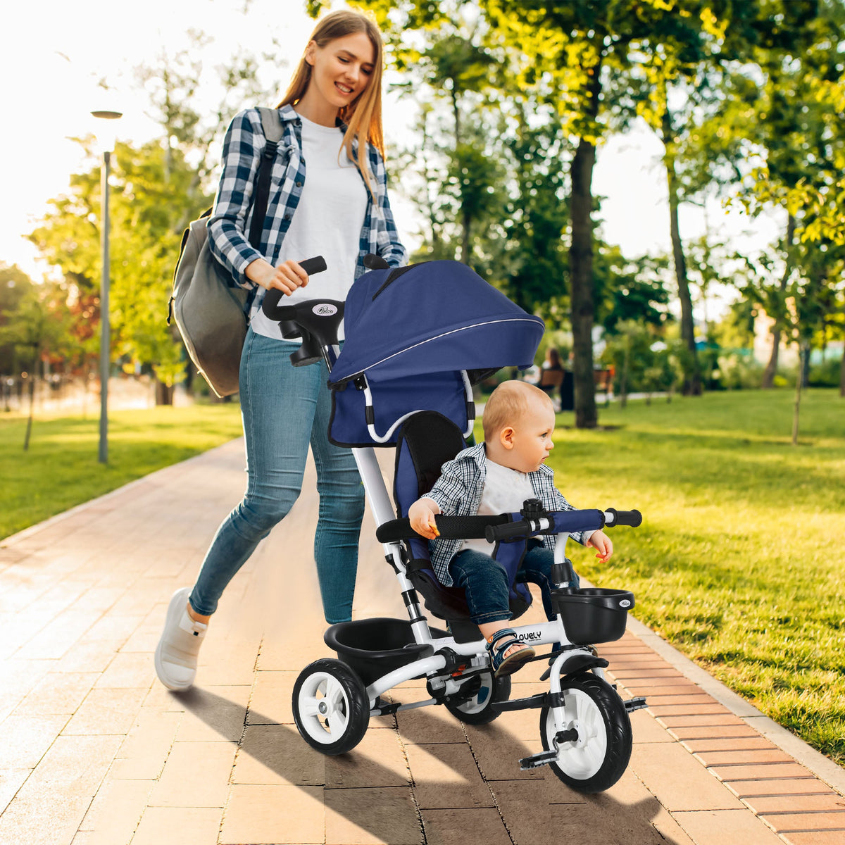 6 in 1 Toddler Tricycle with Parent Push Handle, Canopy, Storage Baskets, Cupholder, Dark Blue