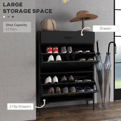 Modern Shoe Cabinet Storage 12 Pair Shoe Organizer with 2 Flip Doors Drawer and Adjustable Shelf White