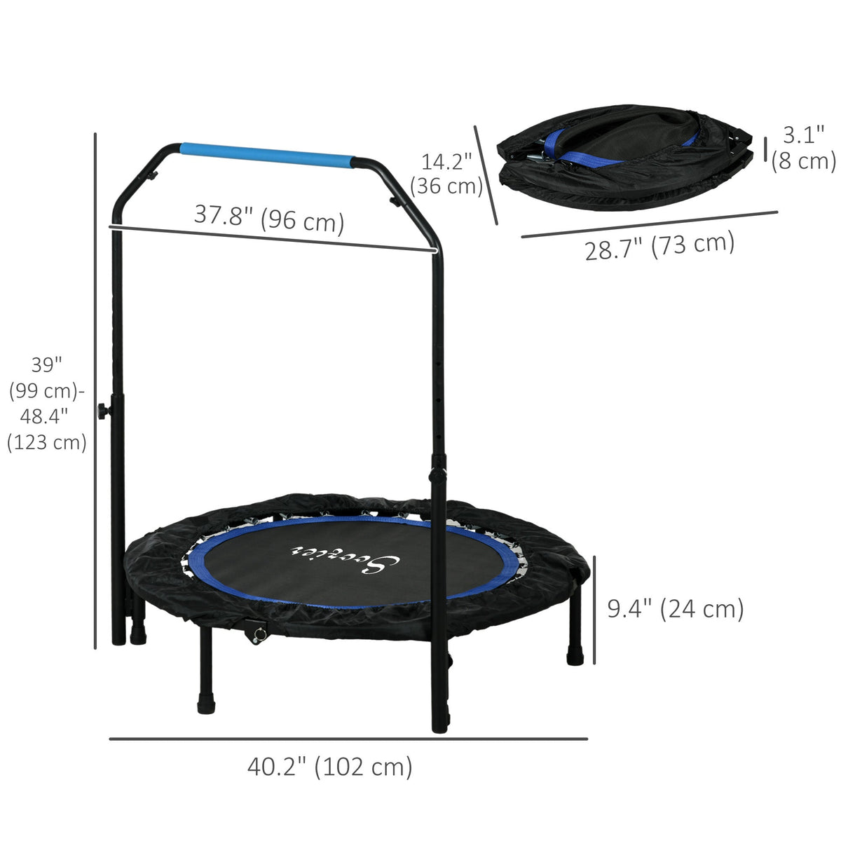 40" Foldable Mini Fitness Trampoline, with Adjustable Foam Handle, Blue