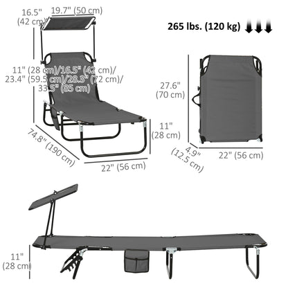 2 Piece Folding Outdoor Chaise Lounges, Pool Tanning Chairs with Reclining Back, Sunshade for Beach, Patio, Dark Grey