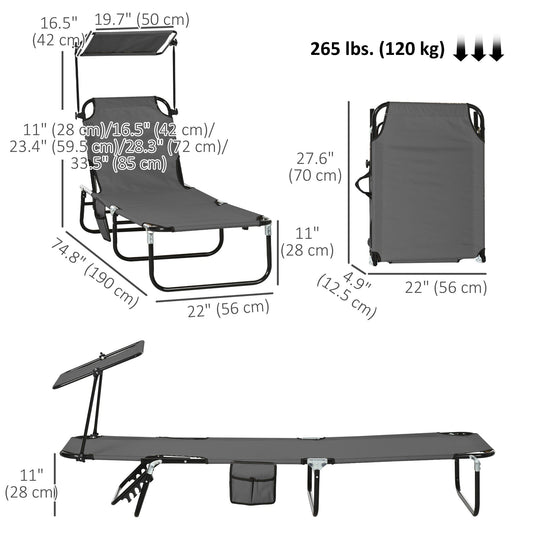2 Piece Folding Outdoor Chaise Lounges, Pool Tanning Chairs with Reclining Back, Sunshade for Beach, Patio, Dark Grey