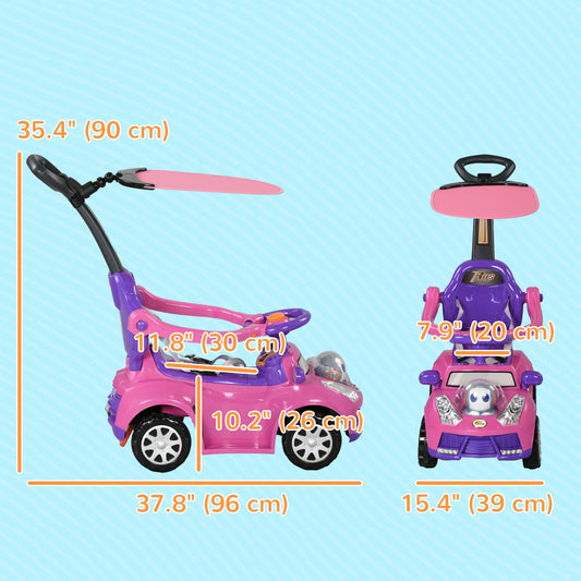 3 in 1 Kids Push Car Toddler Sliding Car, Foot to Floor Design with Music, Light, Handle, Removable Canopy, Pink