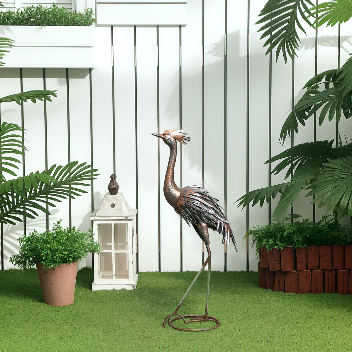 Garden Statue Heron Standing Lawn Sculpture Statue Ornament with Stakes for Lawn 12.2"W x 7.1"D x 28"H Silver Tone