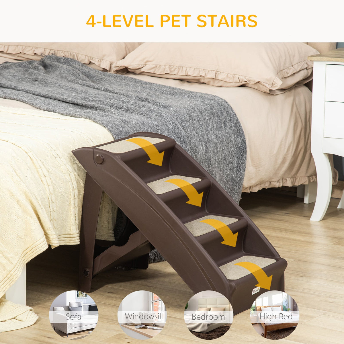 4-Level Portable Dog Stairs, Foldable Dog Steps for Small Dogs, Lightweight Cat Steps, with Nonslip Soft Mats, for High Bed, Sofa, Beige