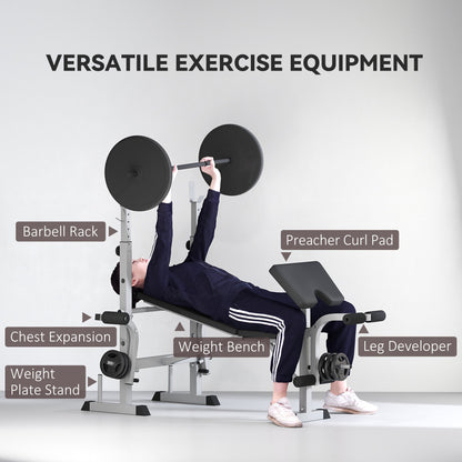 Bench Press Set Adjustable Weight Bench with Squat Rack, Preacher Curl Pad, Leg Developer and Weight Storage, White