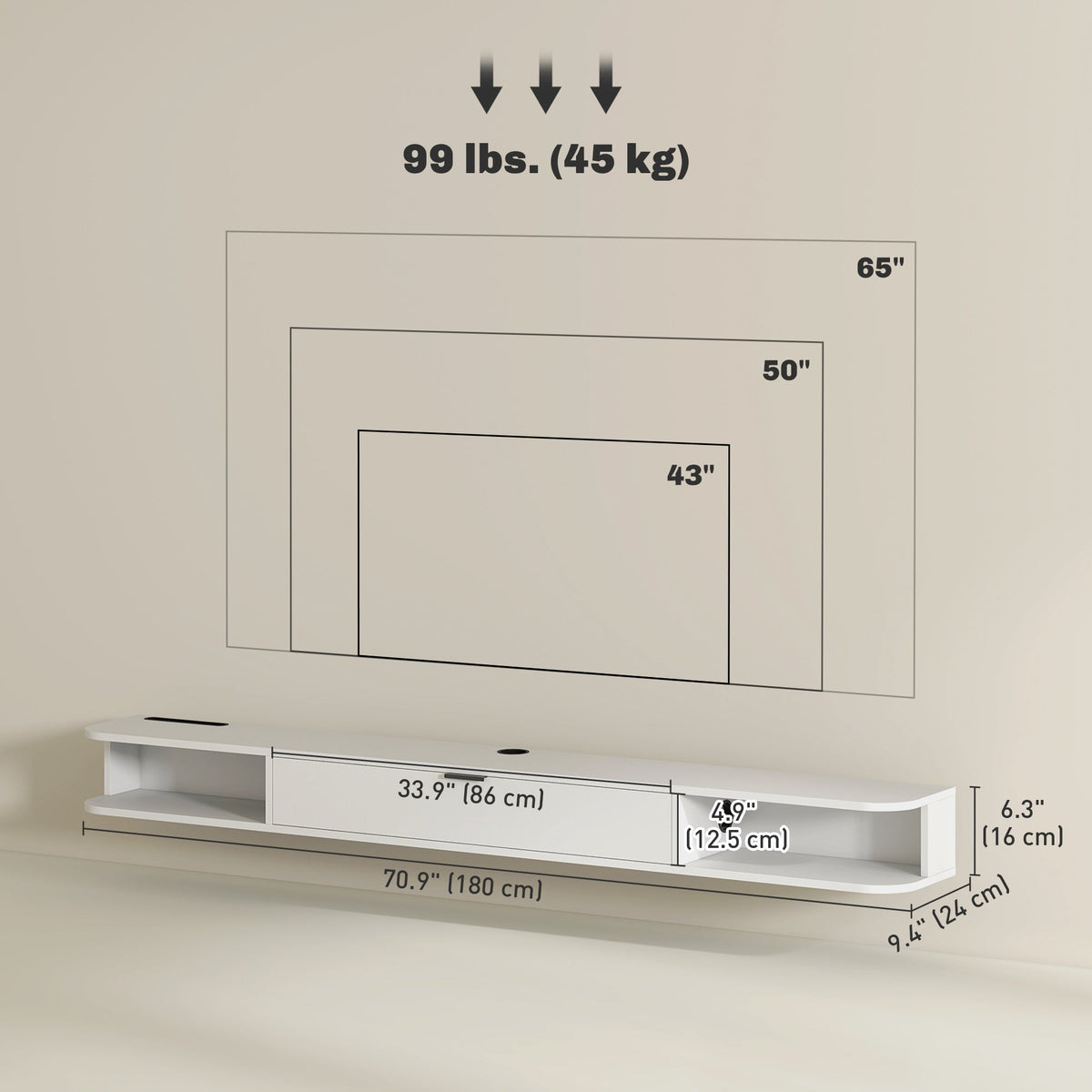 47" Floating TV Stand for TVs up to 50 Inch, Wall Mounted Media Console with Flip Drawer and 2 Open Shelves, Walnut