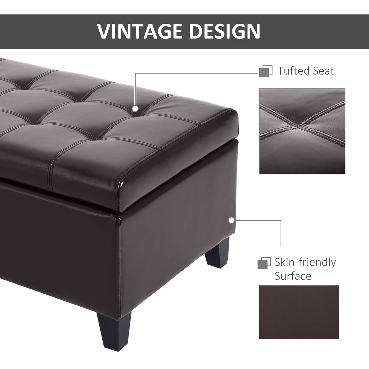 Storage Ottoman Bench, Foot Rest with Solid Wood Legs, 51 Inches PU Leather Storage Chest for Living Room, Black