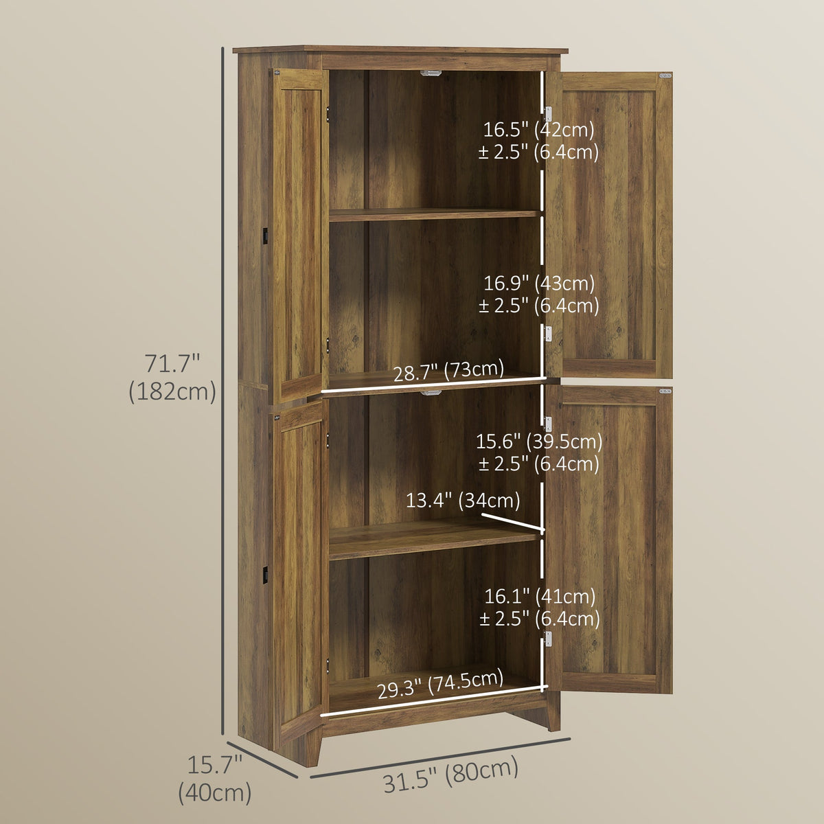 72" Freestanding Storage Cabinet, Kitchen Pantry Cabinet with Doors and Shelves for Dining Room, Natural
