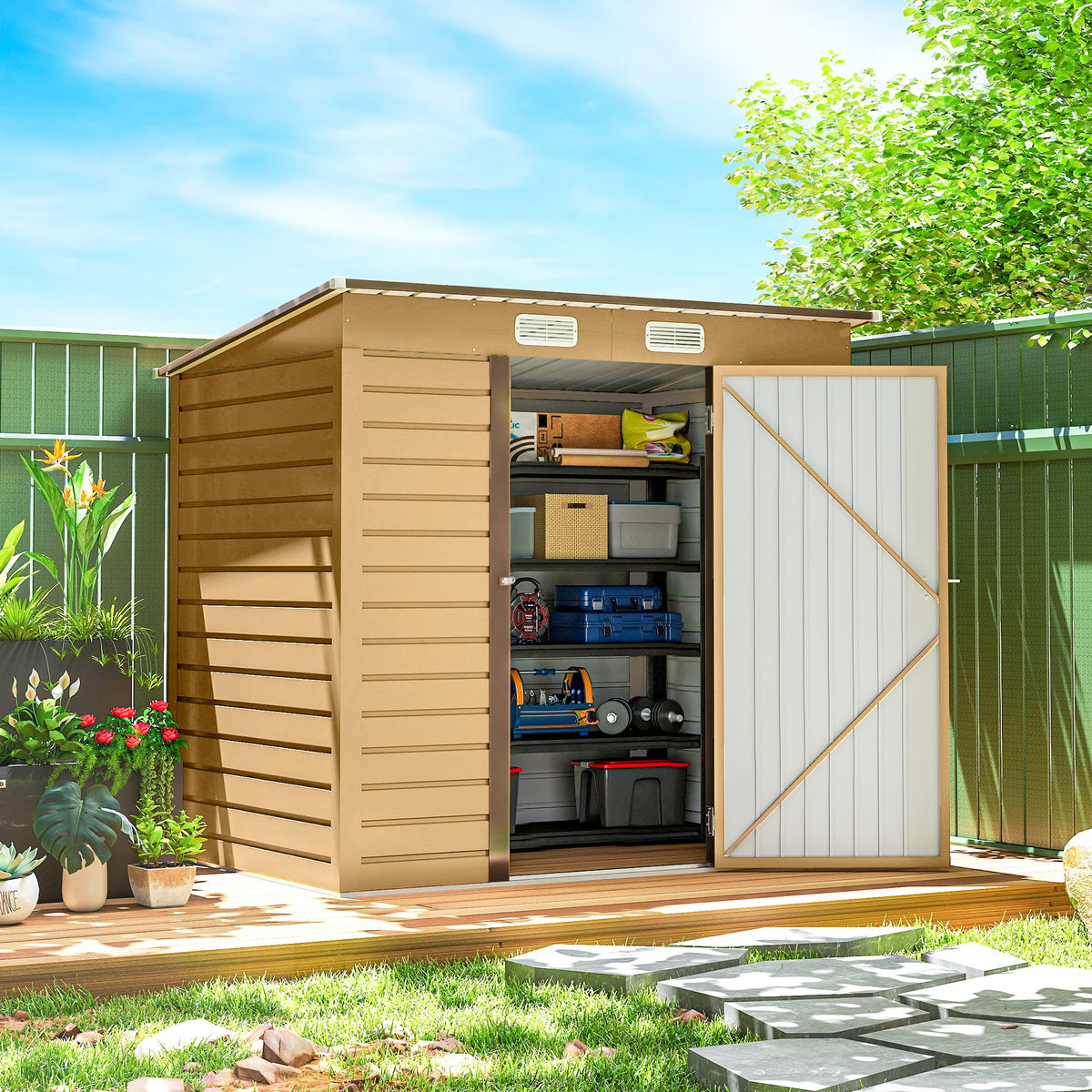 6 x 4FT Galvanized Garden Storage Shed, Metal Outdoor Shed with Double Doors and 2 Vents, Grey