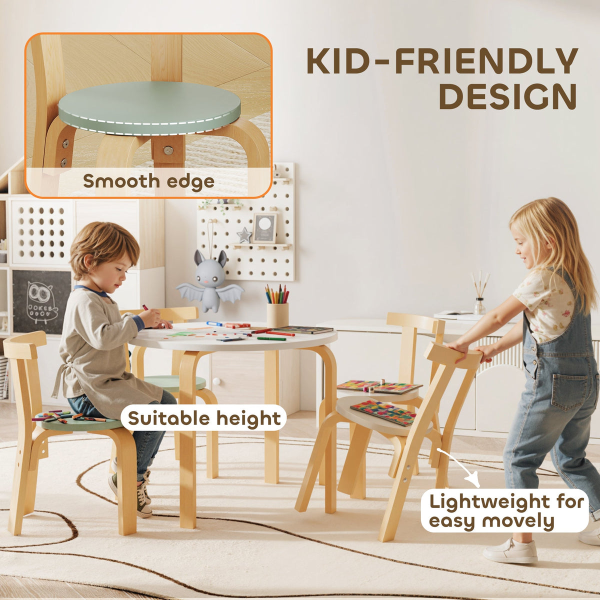 Wooden Kids Table and Chairs Set, Toddler Table and Chairs Set for 3-8 Years, Green