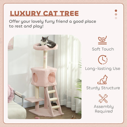 47" Tall Cat Tree Tower with Condo, Ladder, Scratching Posts and Hanging Ball, Light Grey