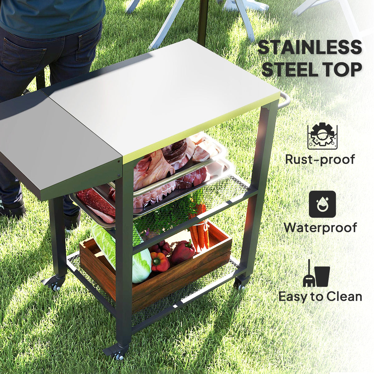 3-Shelf Outdoor Grill Cart Table with Side Handle, Stainless Steel Pizza Oven Stand on Wheels, Black