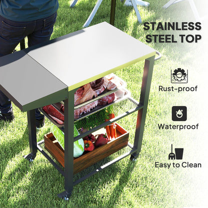 3-Shelf Outdoor Grill Cart Table with Side Handle, Stainless Steel Pizza Oven Stand on Wheels, Black