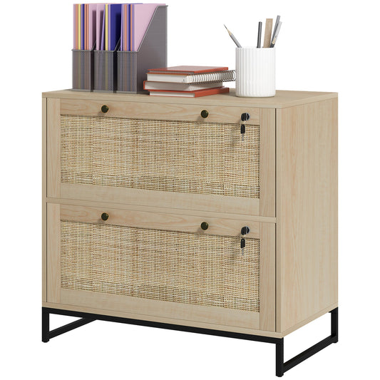 2-Drawer Filing Cabinet with Lock, Rattan File Cabinet with Adjustable Hanging Bar, Natural