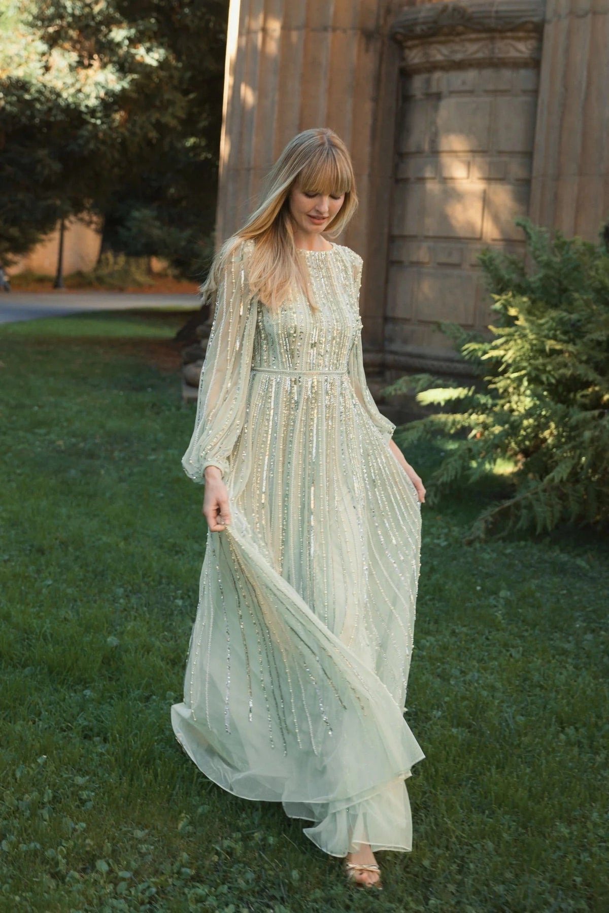 Boat Neck Long Sleeve Gown With Striped Beading