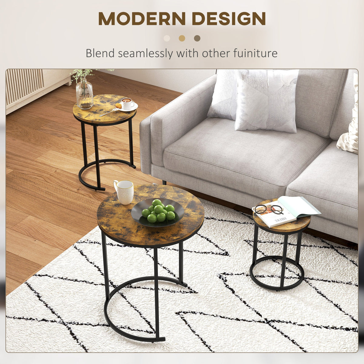 Nesting Tables Set of 3, Round Coffee Table, Stacking Side Tables with Steel Frame for Living Room