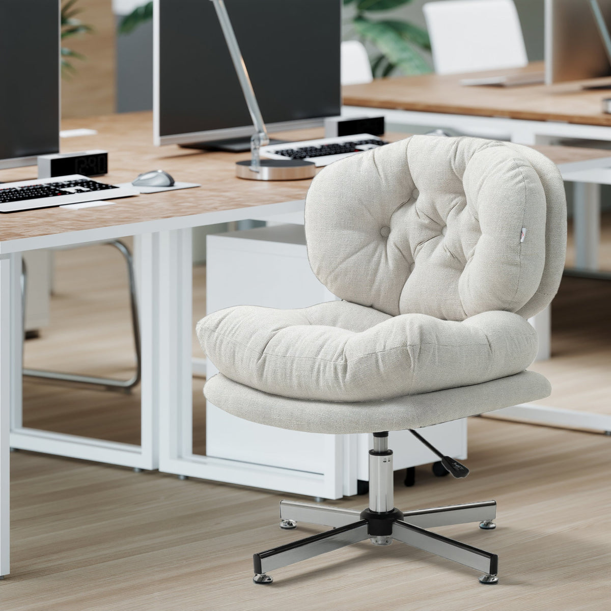 Computer Desk Chair, Armless Office Chair with Wide Padded Seat and Adjustable Height, Cream White