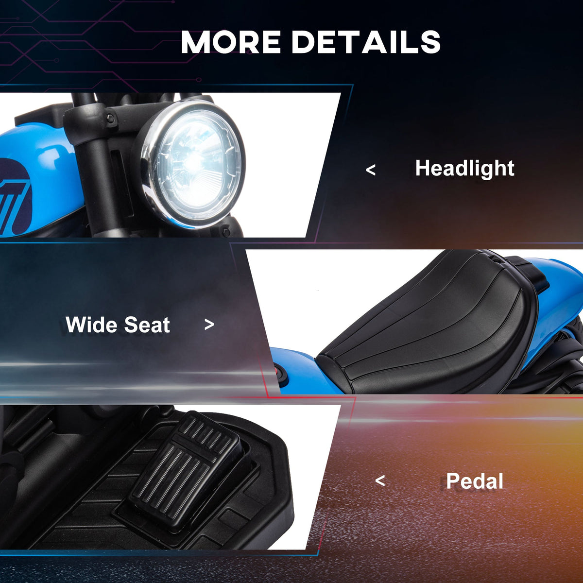 6V Kids Motorcycle with Training Wheels, Foot Pedal, Headlight, Music, Forward/Reverse, Single-Button Start, Blue