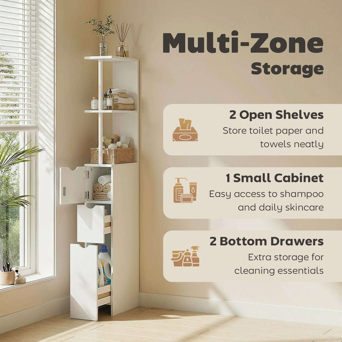 Tall Bathroom Storage Cabinet, Narrow Bathroom Cabinet with Drawers and Open Shelves for Small Spaces, White and Grey