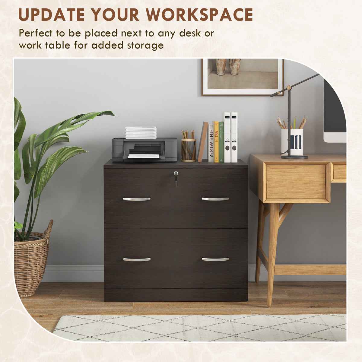 2 Drawer File Cabinet with Lock, Office Filing Cabinet, Hanging Bar for Letter Size, Home Office, Grey