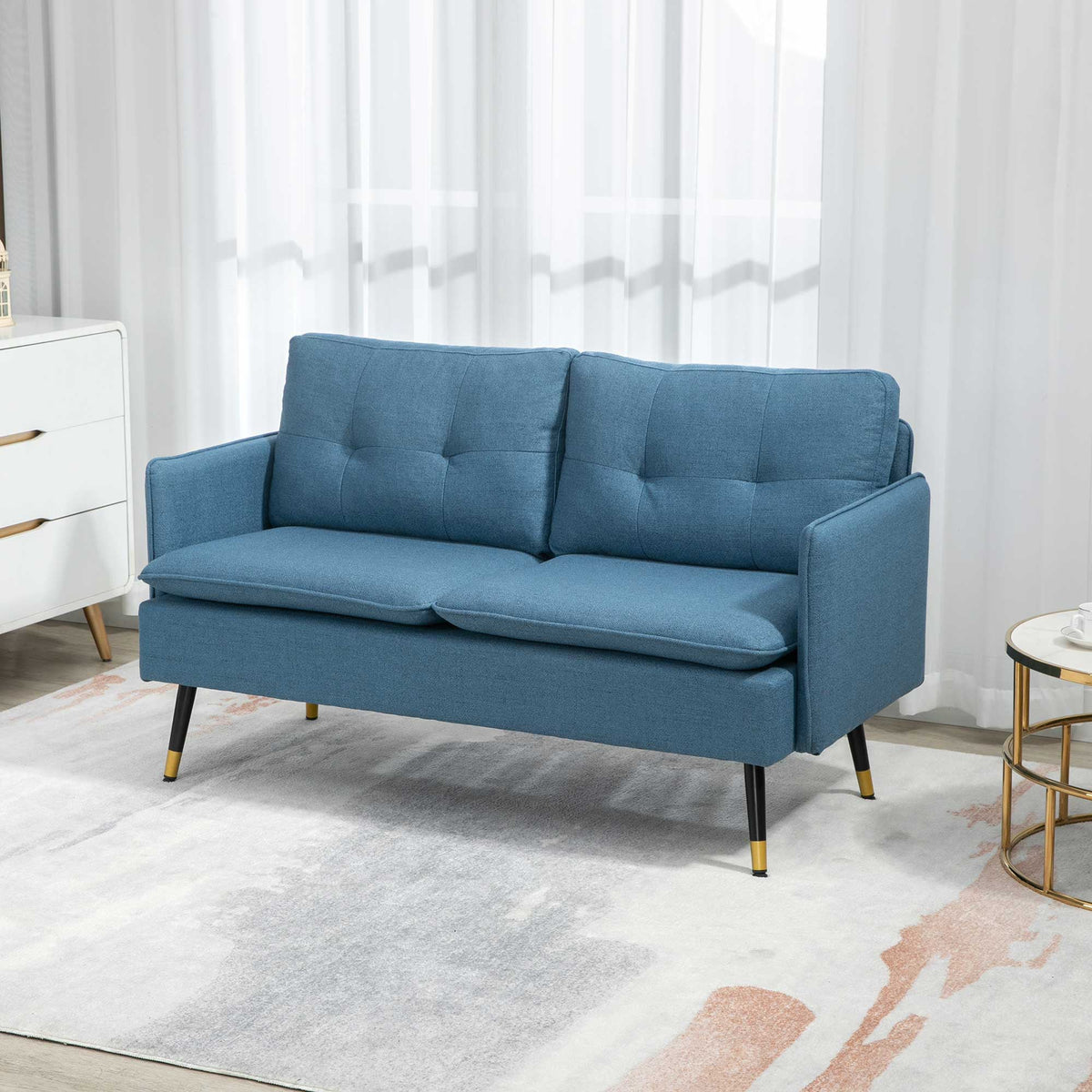 55" Loveseat Sofa, Linen Love Seat w/ S spring, Steel Legs and Button Tufting, Small Couch for Living Room, Dark Grey