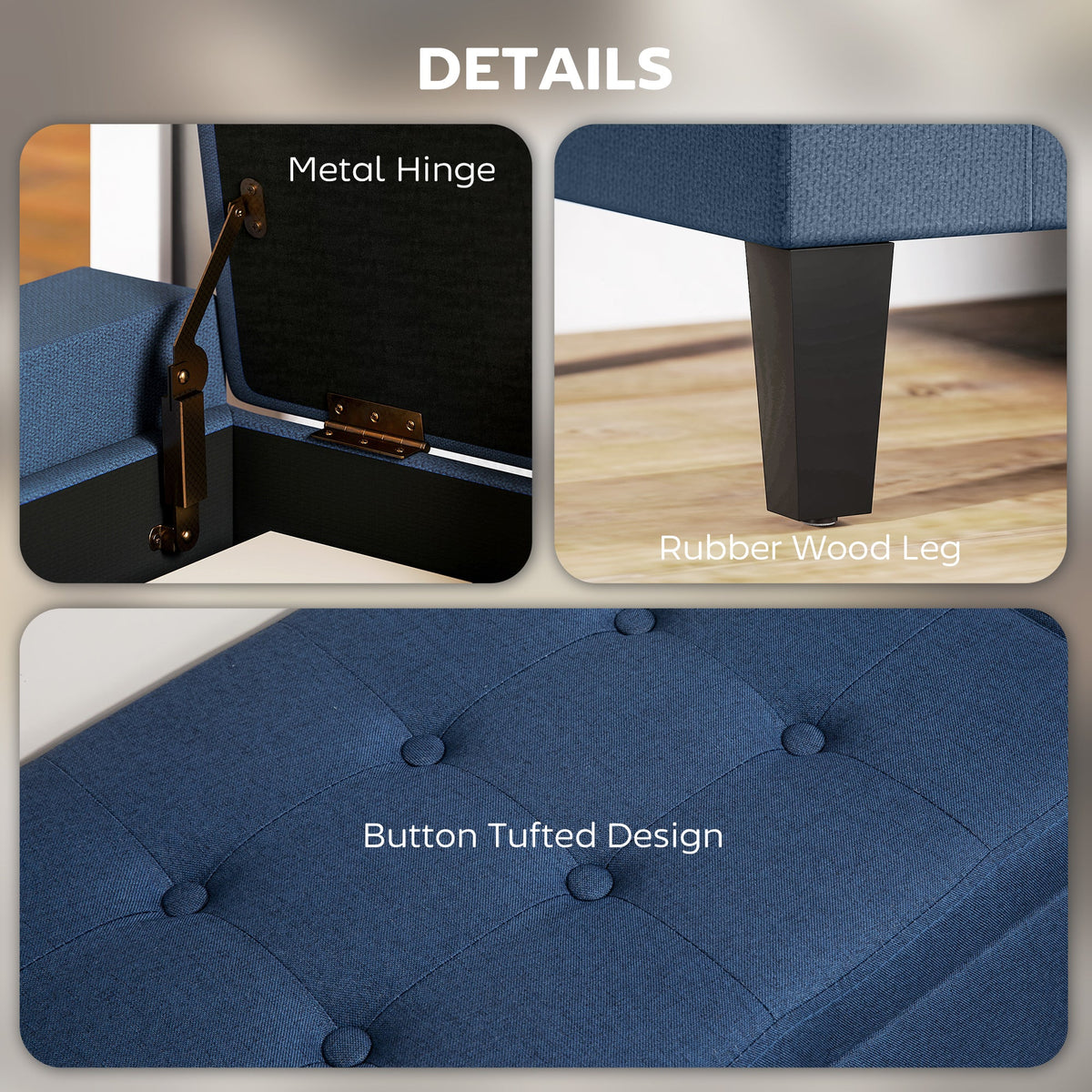Storage Ottoman Bench, Linen Upholstered Bench with Tufted Design, Dark Blue