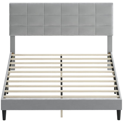 Queen Size Bed Frame with Upholstered Headboard, Modern Platform Bed Frame with Wood Slats, 1100 lbs Capacity, Cream