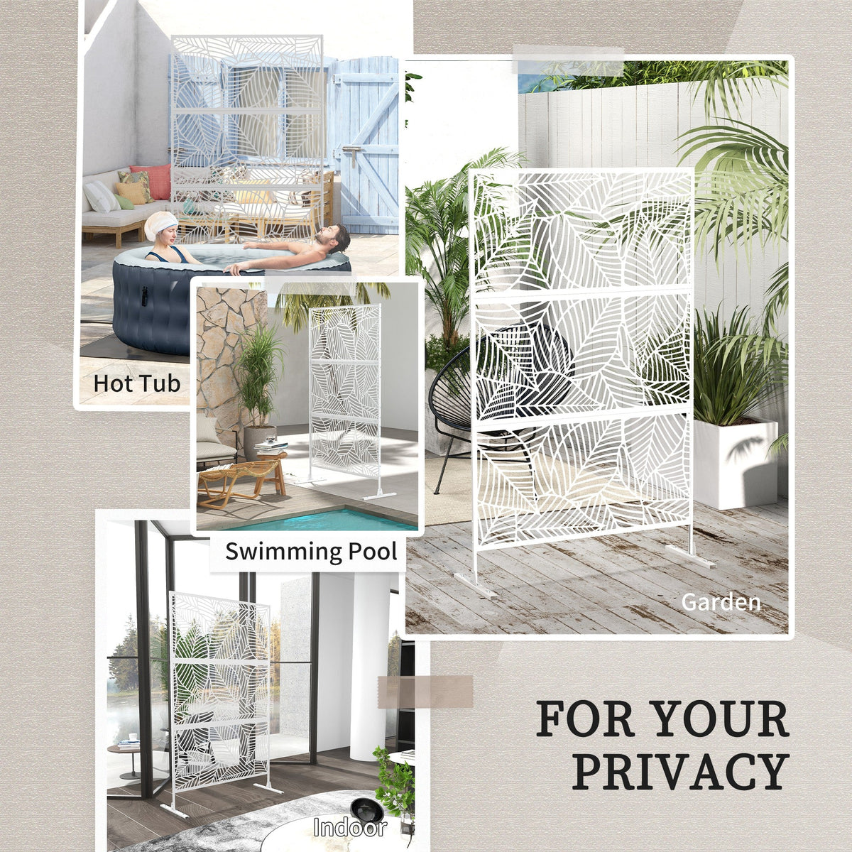 6.5FT Decorative Outdoor Divider, Metal Privacy Screen with Stand, Large Leaf Style, Black