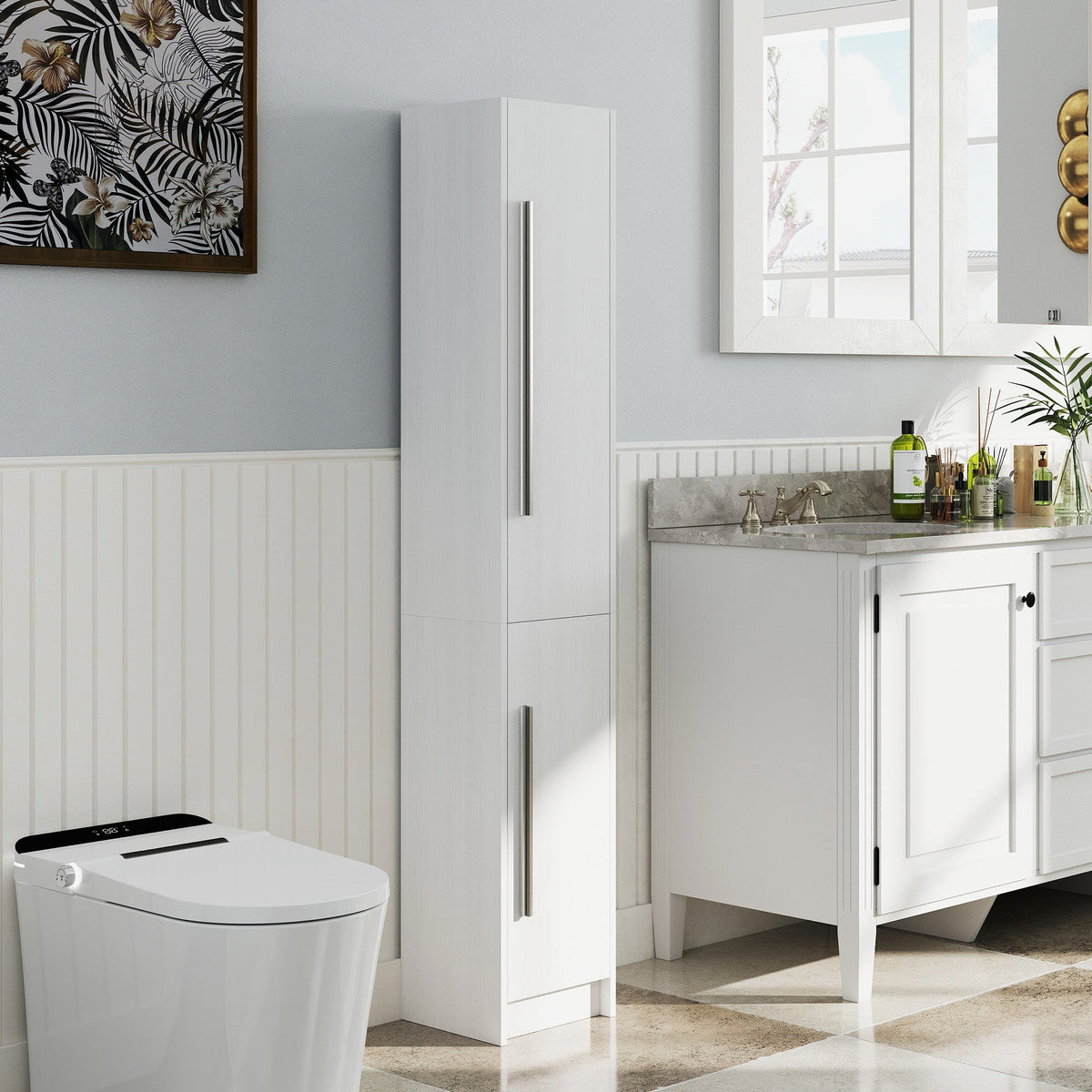 Freestanding Tall Bathroom Storage Cabinet with Adjustable Shelves, Bathroom Organizer, Black Wood Grain