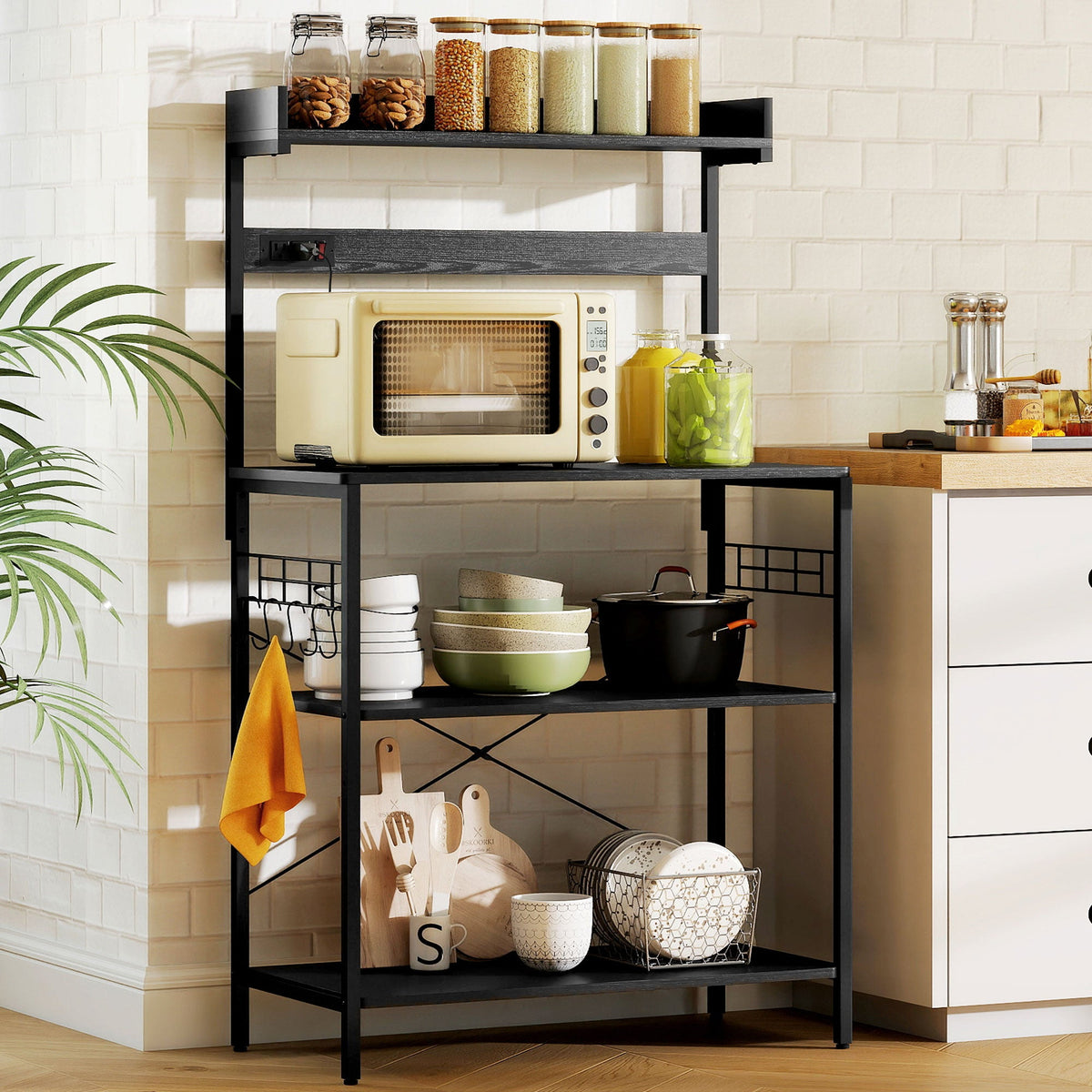 Kitchen Baker's Rack with Power Outlet, Coffee Bar Station with Adjustable Shelves and Hooks, Distressed Grey